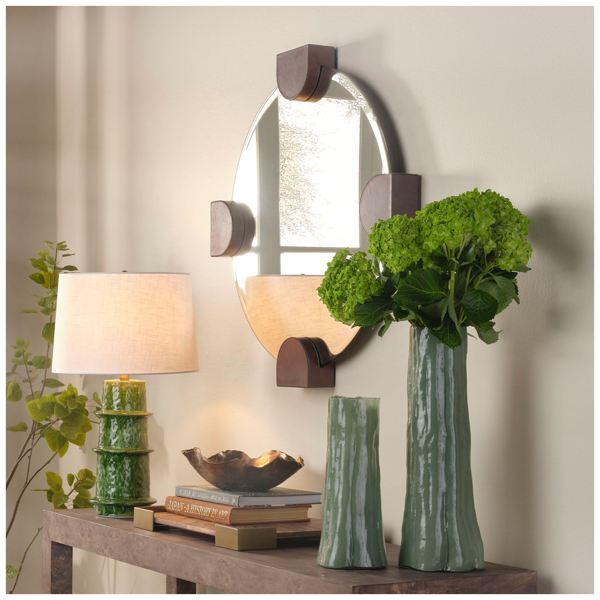 Image 6 Jamie Young Quadrant Leather 33.5" x 33.5" Round Wall Mirror more views