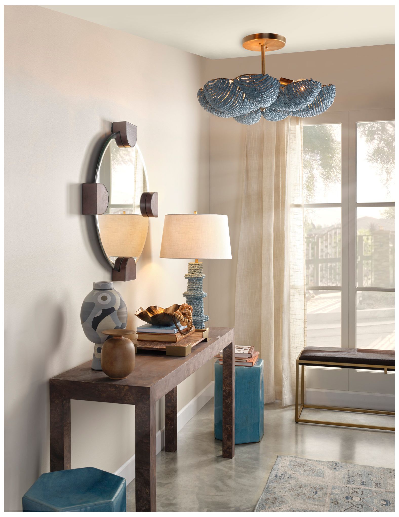 Image 3 Jamie Young Rowan Wood Beaded Table Lamp with Linen Shade 30" in Blue more views