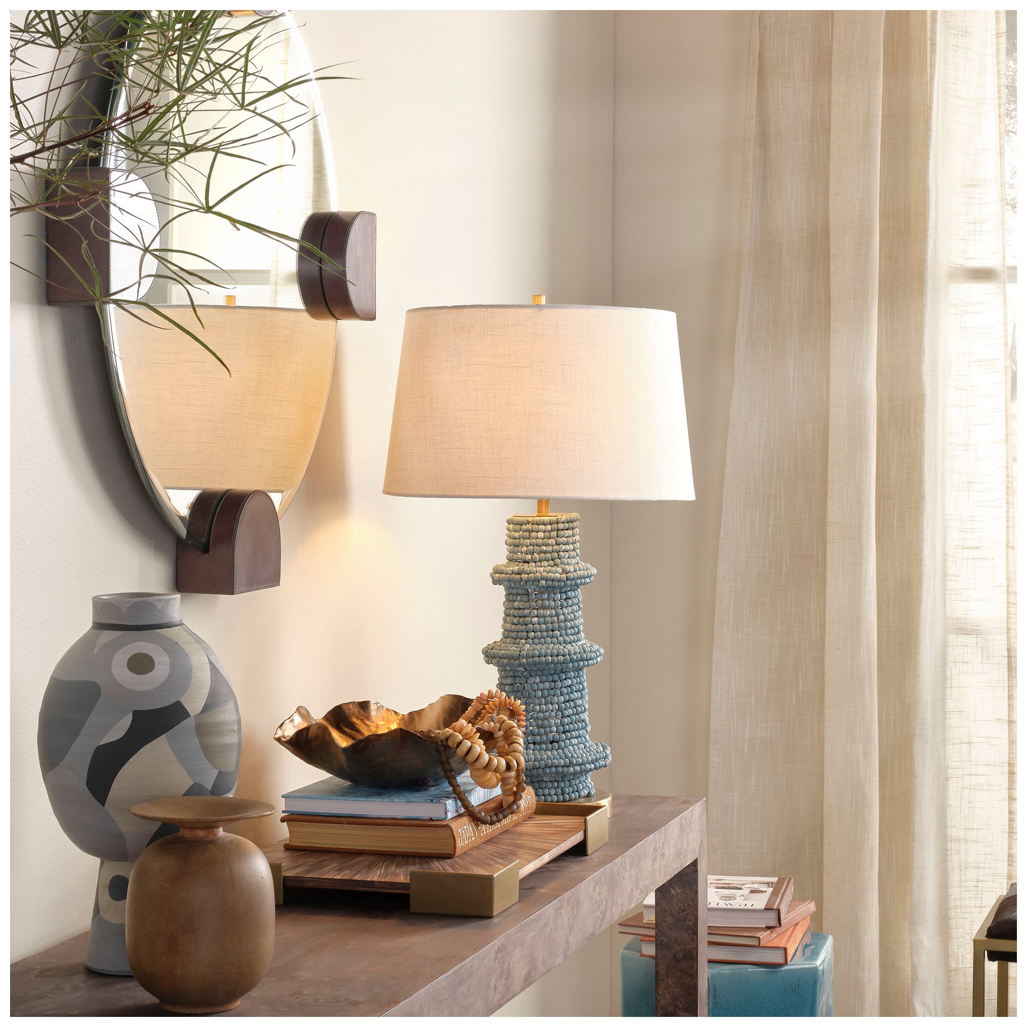 Image 4 Jamie Young Rowan Wood Beaded Table Lamp with Linen Shade 30" in Blue more views