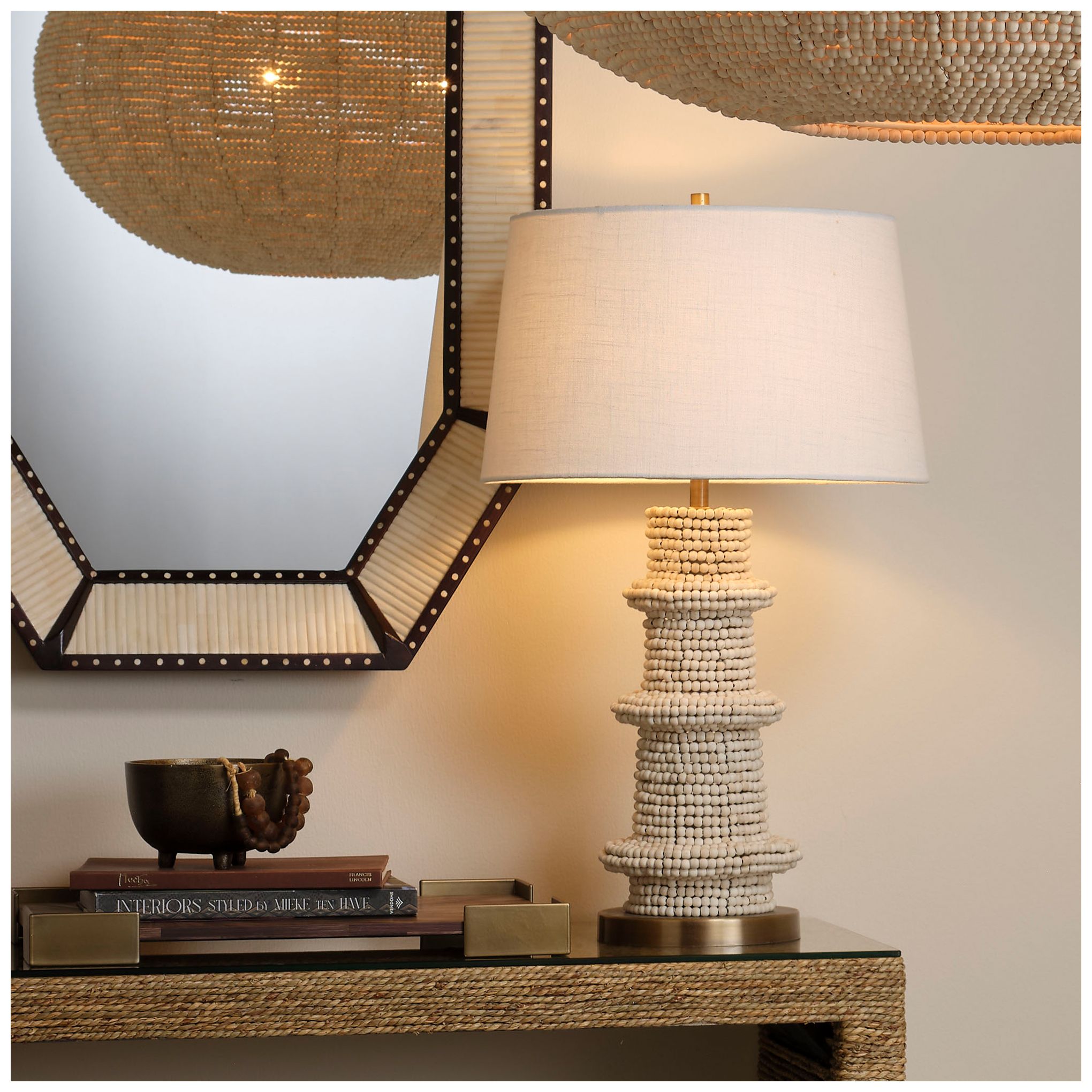 Image 4 Jamie Young Rowan Wood Beaded Table Lamp with Linen Shade 30" in Cream more views