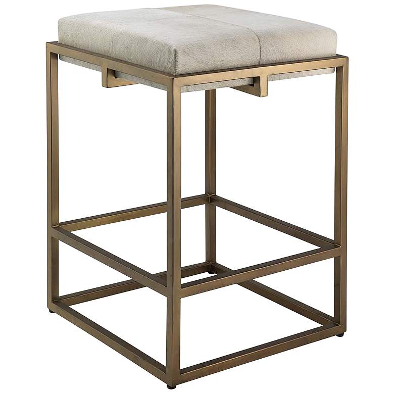 Jamie Young Shelby 27&quot; High White Hide and Antique Brass Counter Stool