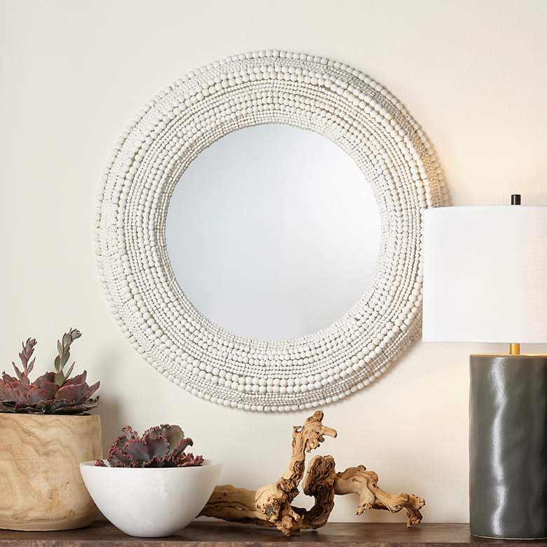 Image 1 Jamie Young Strand Wood Beaded 37.5" Round Wall Mirror in White