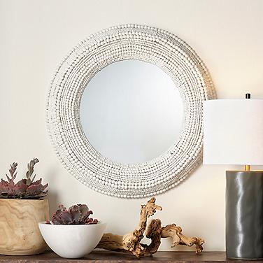 Jamie Young Strand Wood Beaded 37.5" Round Wall Mirror in White