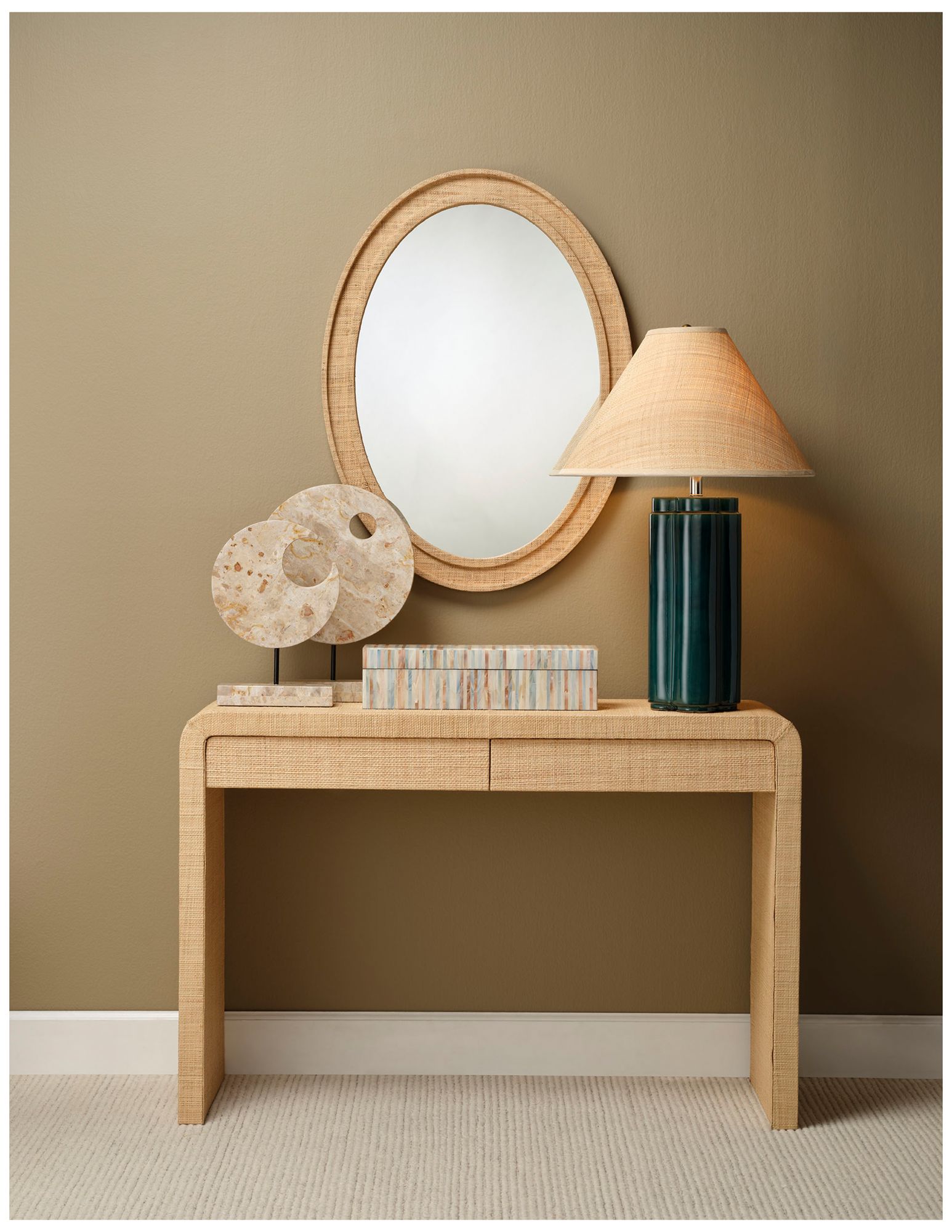 Jamie Young Valley 35" x 26" Oval Wall Mirror in Natural Raffia