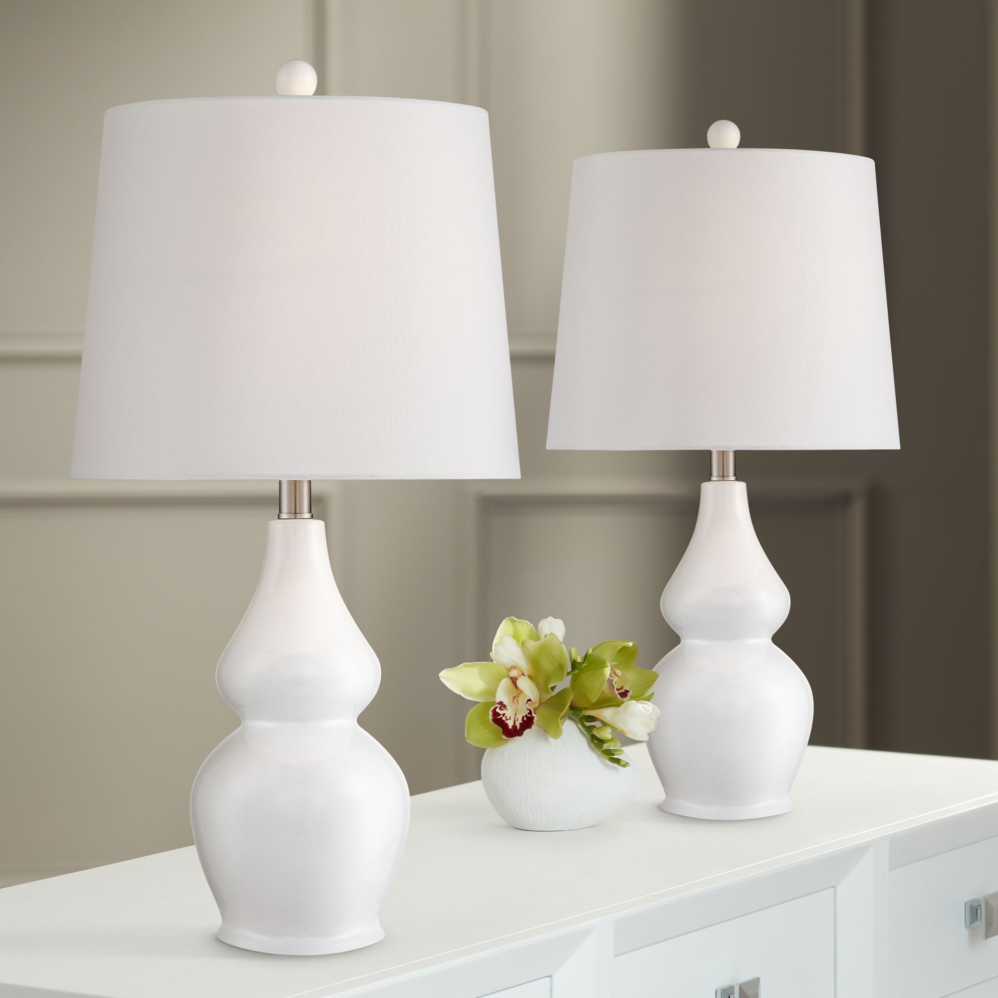 Jane 25" Modern Gourd White Ceramic Table Lamps Set of 2