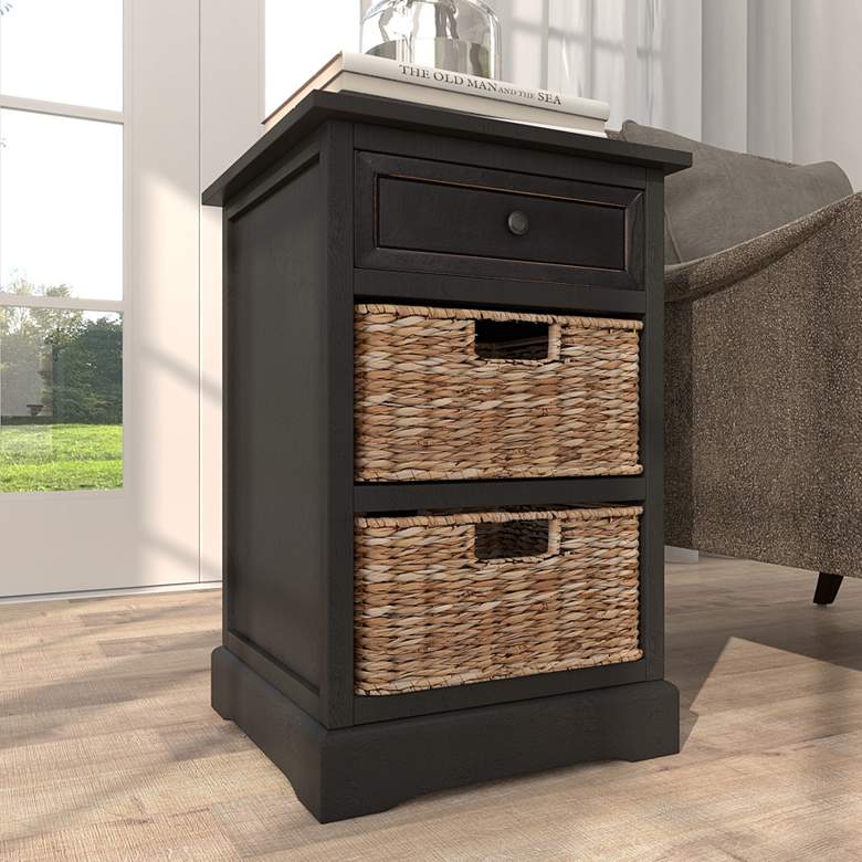 Image 1 Jansen 16 inchW Matte Black Wood 1-Drawer End Table w/ 2 Baskets