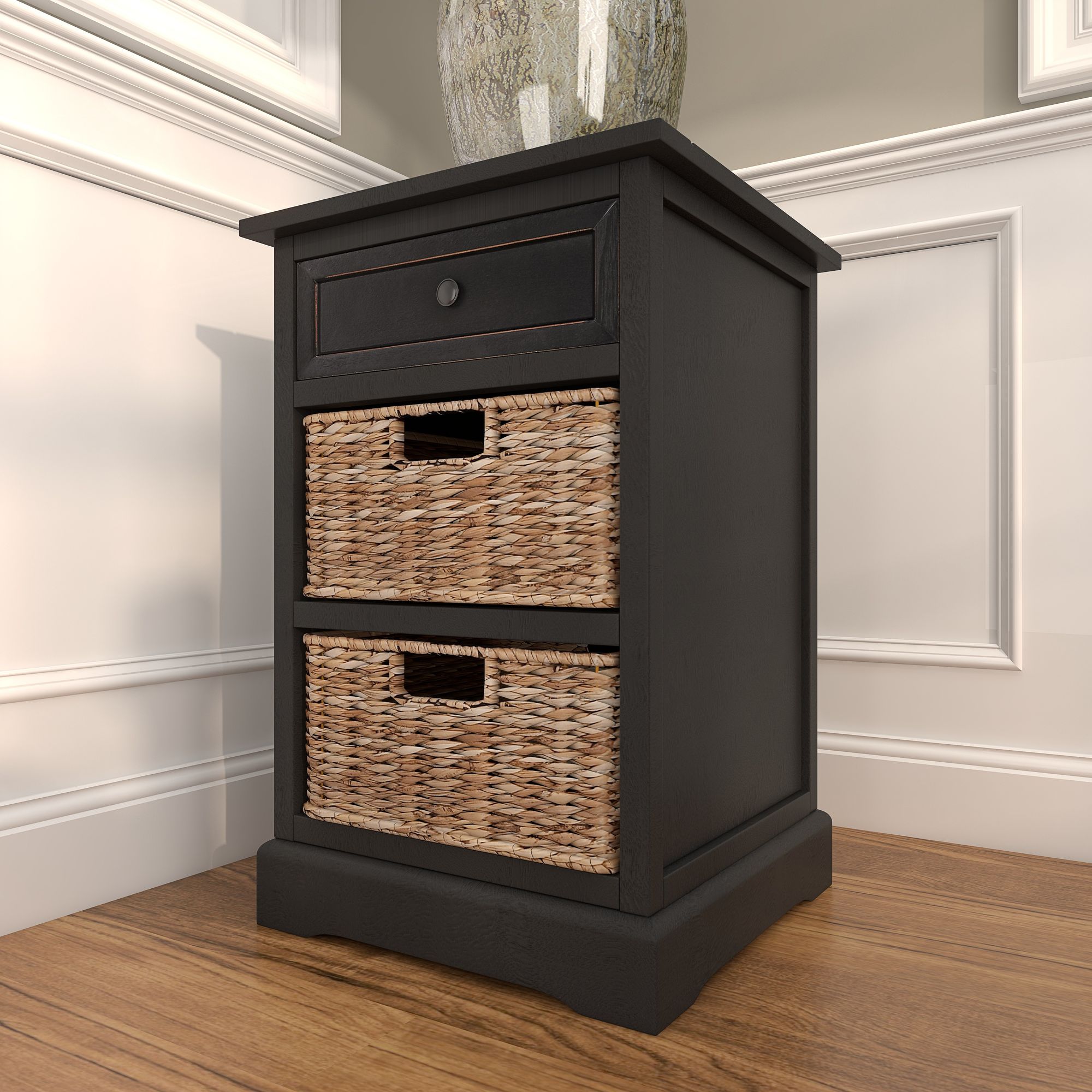 Image 7 Jansen 16"W Matte Black Wood 1-Drawer End Table w/ 2 Baskets more views