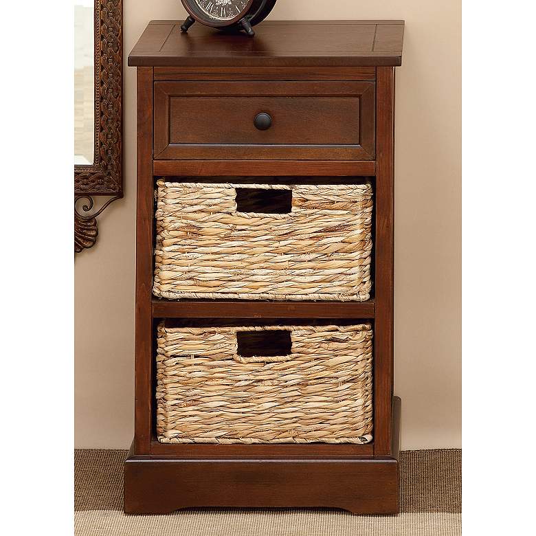 Image 1 Jansen 16"W Matte Brown Wood 1-Drawer End Table w/ 2 Baskets
