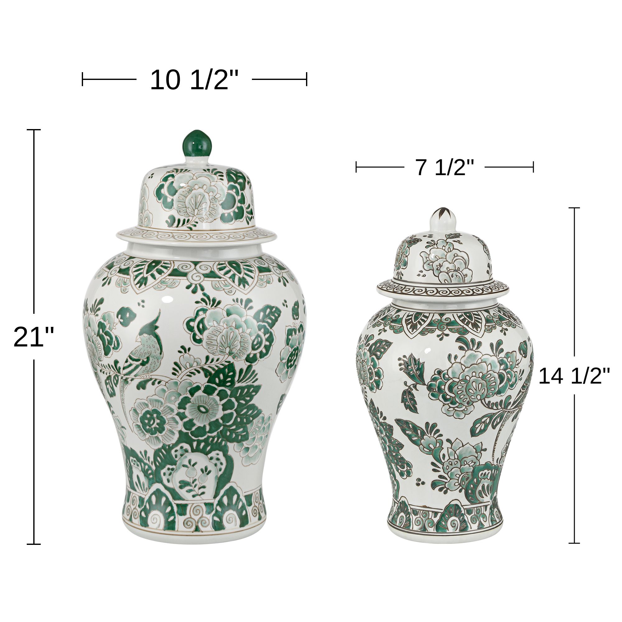 Jardin Small and Large Jade and White Ceramic Ginger Jar with Lid Set of 2