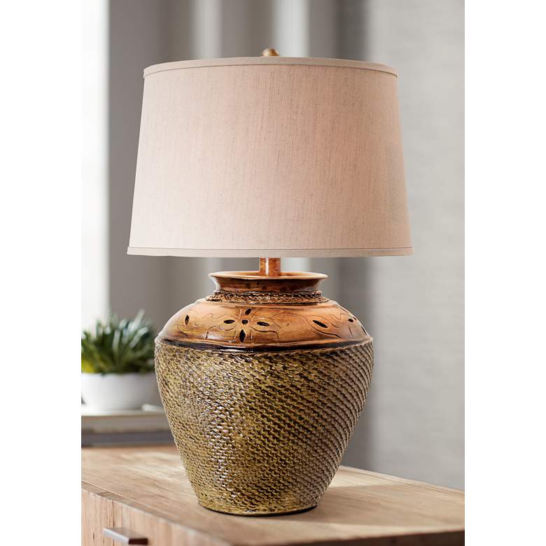Image 1 Jarosa Dark Oak 27 inch High Handcrafted Stone Rustic Jar Table Lamp