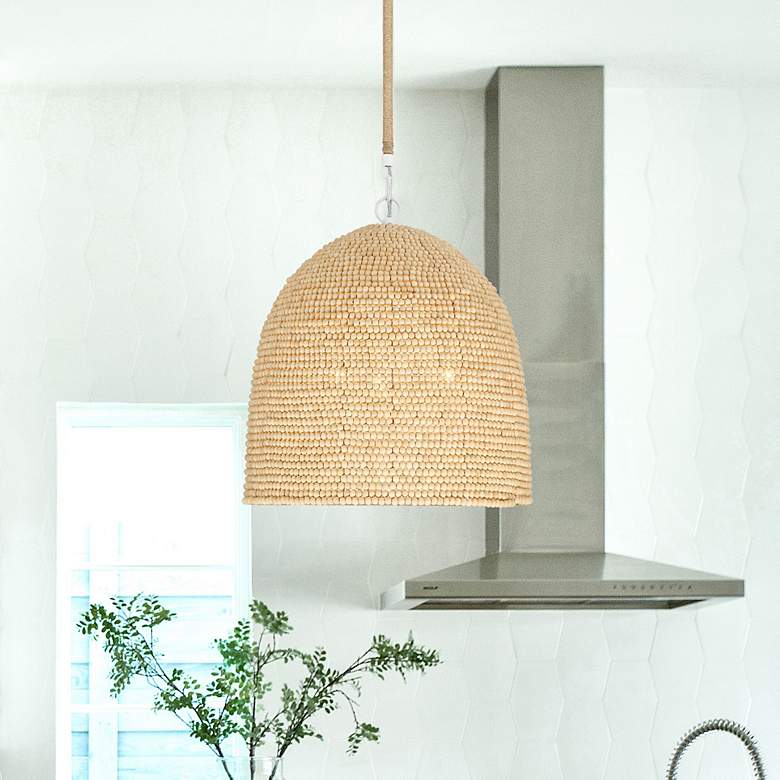 Image 1 Jasper 16"W Matte White Metal Wood Beaded 3-Light Pendant