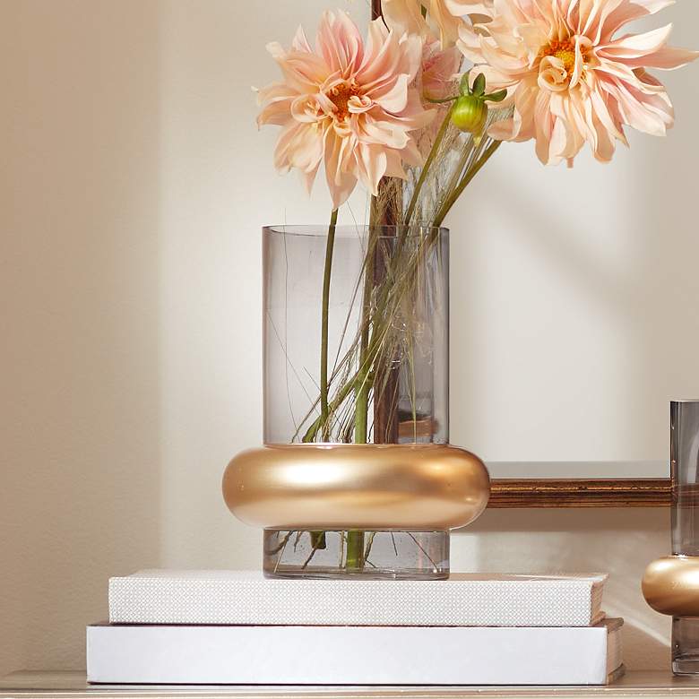 Image 1 Jaurdi 9" High Clear Brown Glass and Gold Cylinder Vase