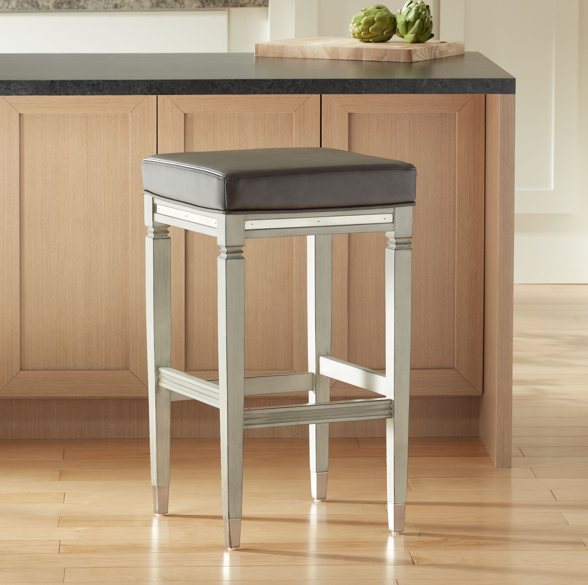 Jaxon 31" Gray Faux Leather and Gunpowder Wood Bar Stools Set of 2