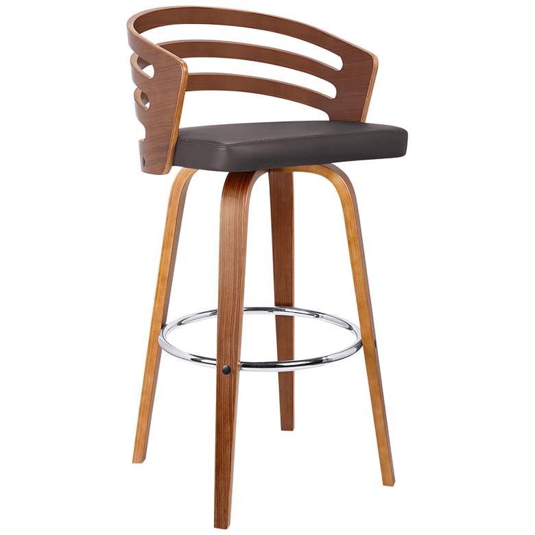 Image 1 Jayden 26 in. Swivel Barstool in Brown Faux Leather and Walnut Wood