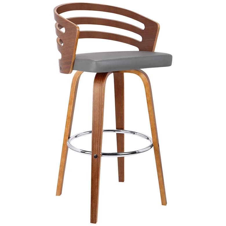 Image 1 Jayden 26 in. Swivel Barstool in Grey Faux Leather and Walnut Wood