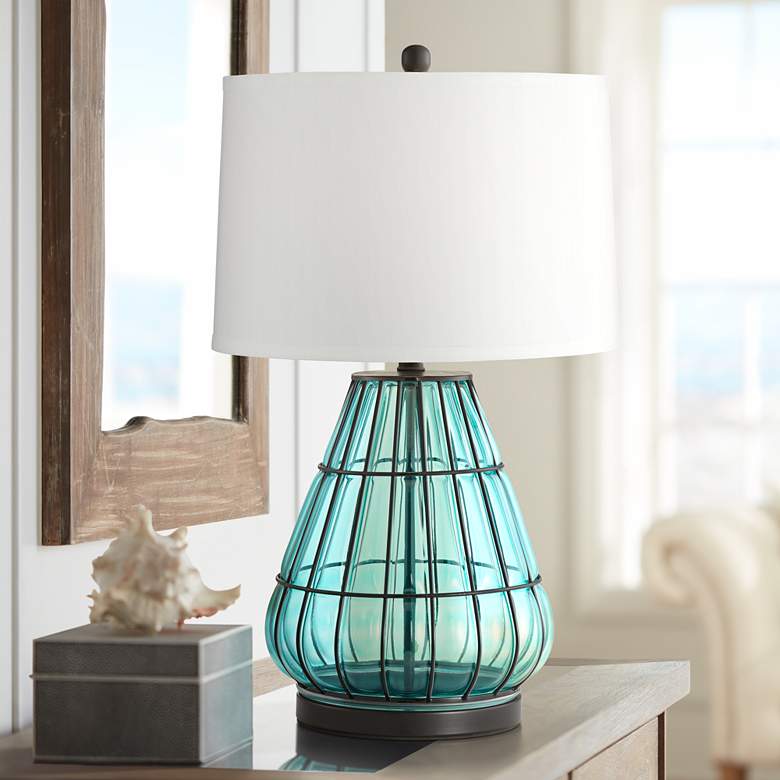 Image 1 Jaylin Metal Cage and Aqua Glass Table Lamp