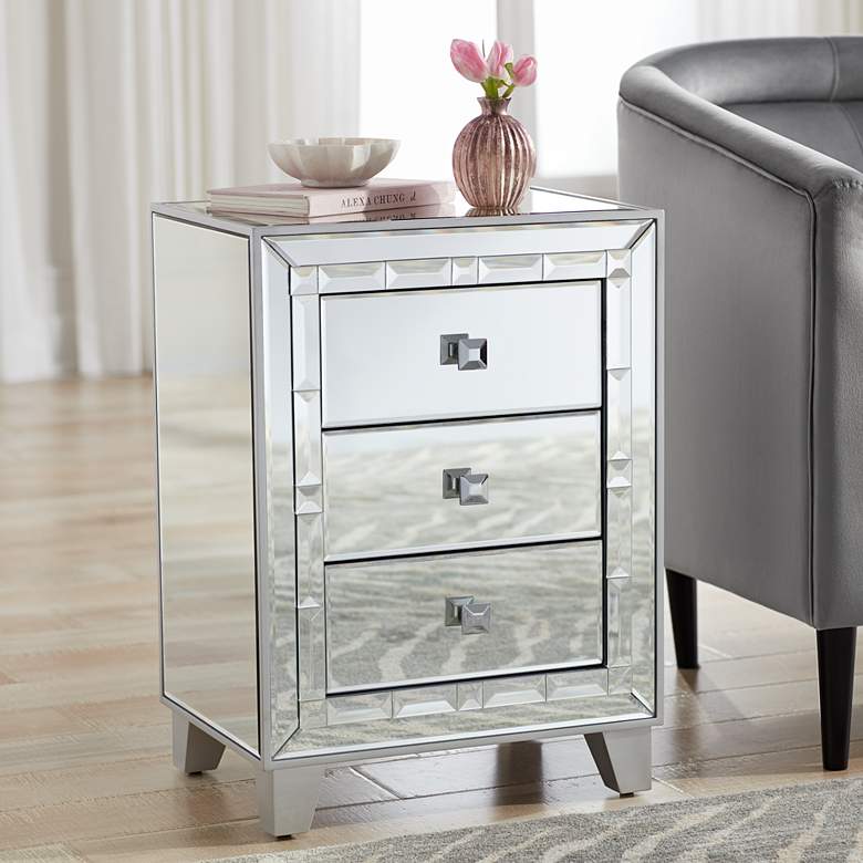 Image 1 Jazyln 19" Wide Mosaic Trim Mirrored 3-Drawer Accent Table