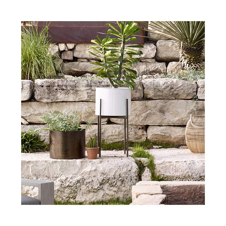 Image 1 Jed 26 inch High Glossy White and Brass Outdoor Planter