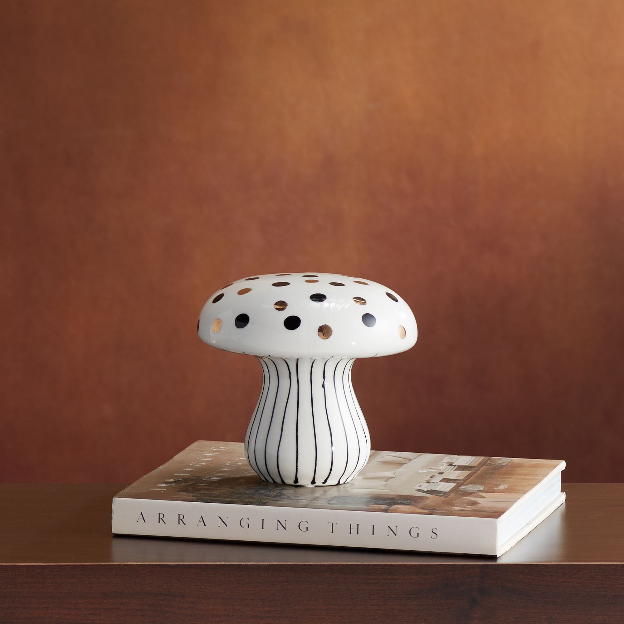 Jemma 6" White Black Polka Dot Ceramic Mushroom Ornaments Set of 2 in scene