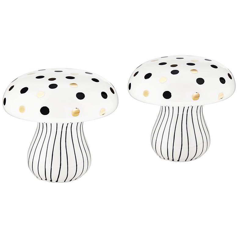 Image 2 Jemma 6" White Black Polka Dot Ceramic Mushroom Ornaments Set of 2