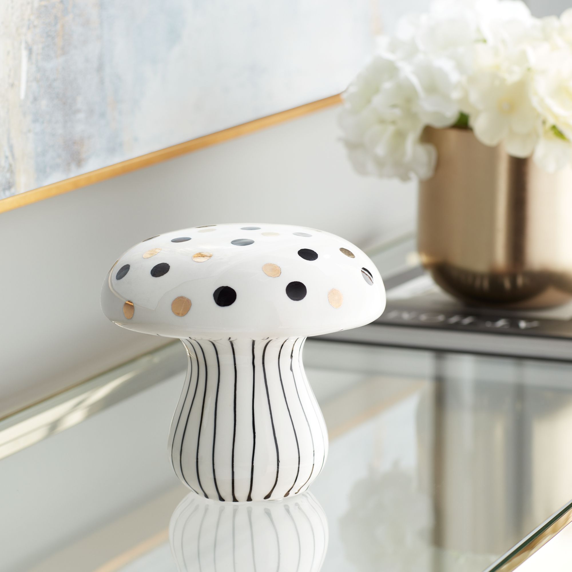 Jemma 6" White Black Polka Dot Ceramic Mushroom Ornaments Set of 2 in scene