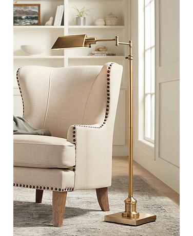 Jenson Aged Brass Adjustable Pharmacy Swing Arm Floor Lamp with USB Dimmer