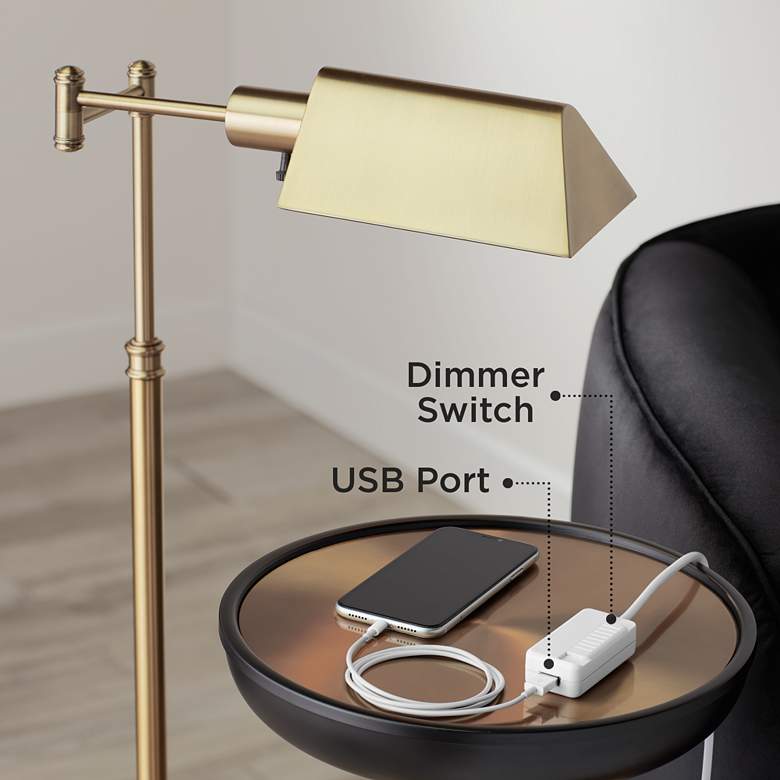 Jenson Aged Brass Adjustable Pharmacy Swing Arm Floor Lamp with USB Dimmer more views