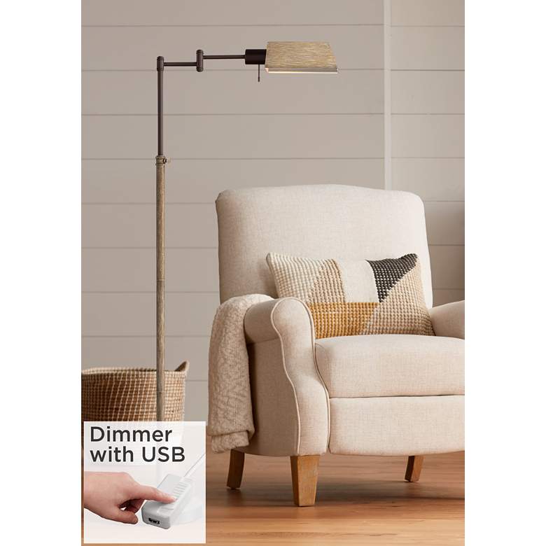Image 1 Jenson Bronze Faux Wood Adjustable Swing Arm Pharmacy Floor Lamp w/ Dimmer