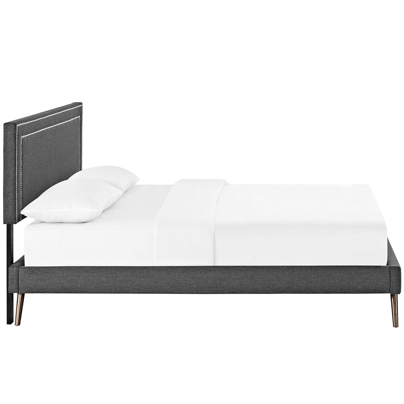 Thumbnail3 of Jessamine Gray Fabric King Platform Bed with Splayed Legs more views