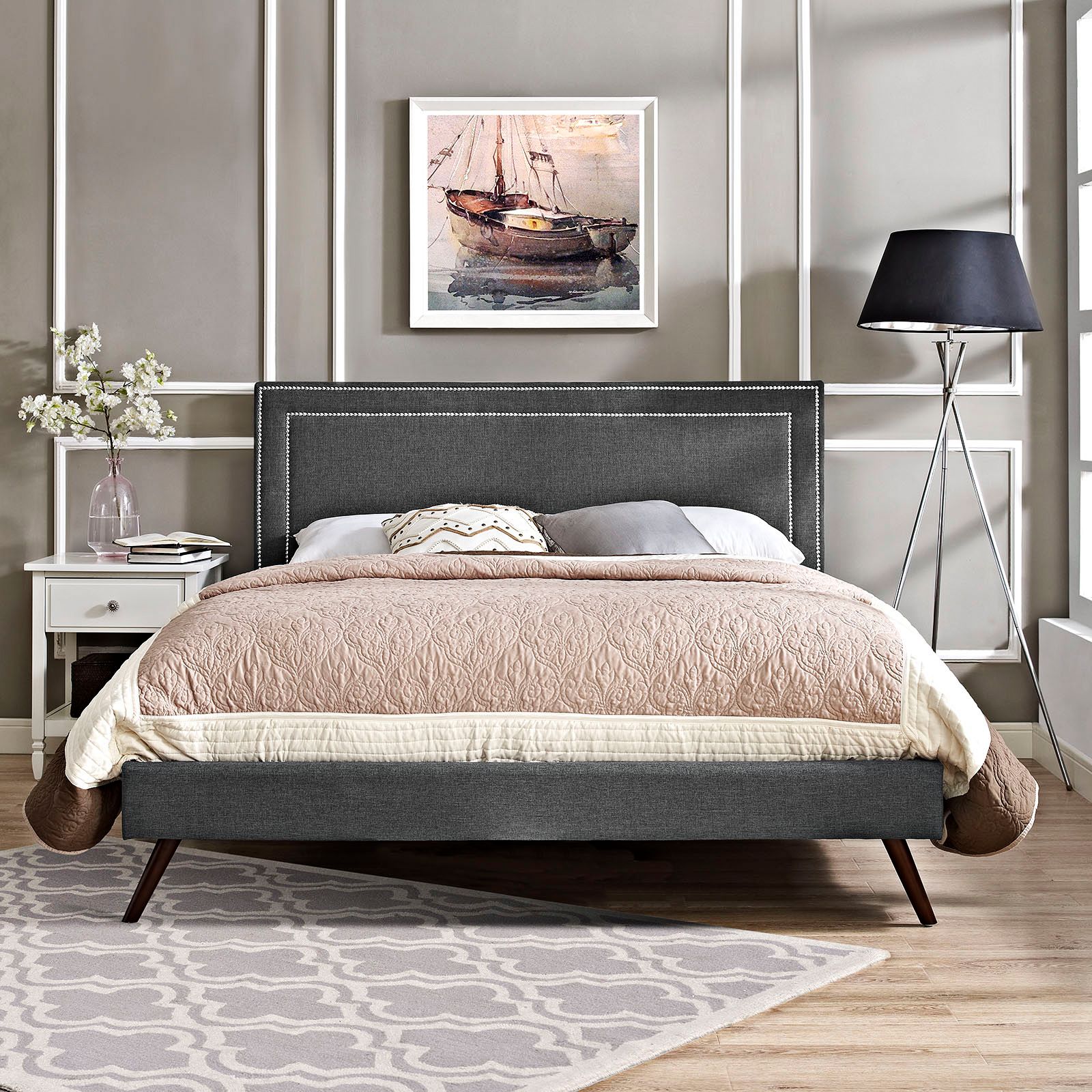 Jessamine Gray Fabric King Platform Bed with Splayed Legs