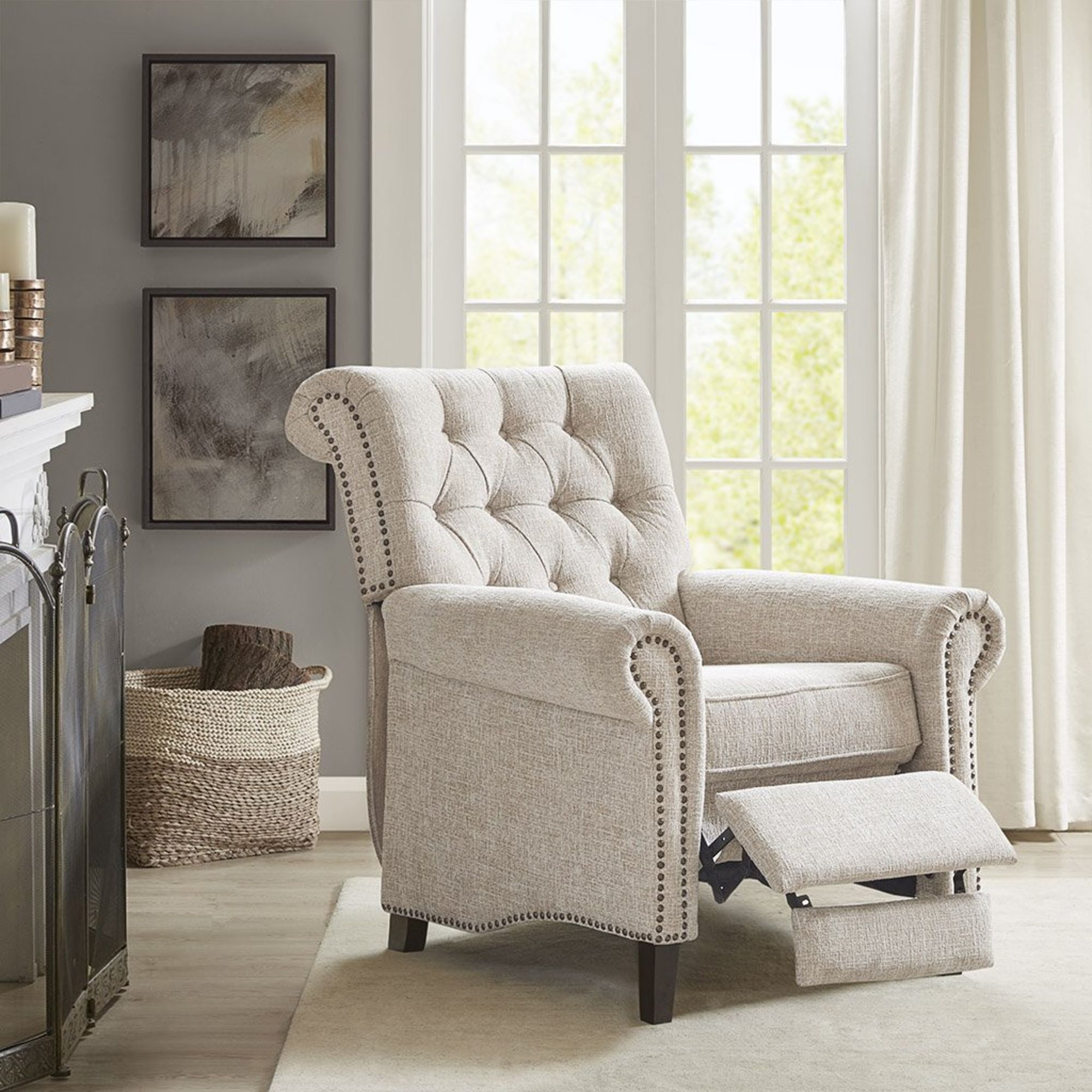 Jetta Cream Tufted Fabric Push Back Recliner