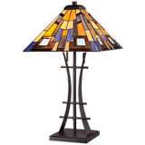 Jewel Tone Tiffany-Style Art Glass Iron Base Table Lamp