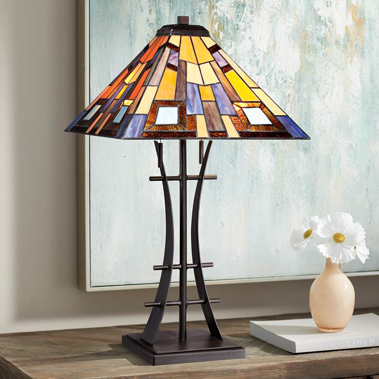 Jewel Tone Tiffany-Style Art Glass Iron Base Table Lamp
