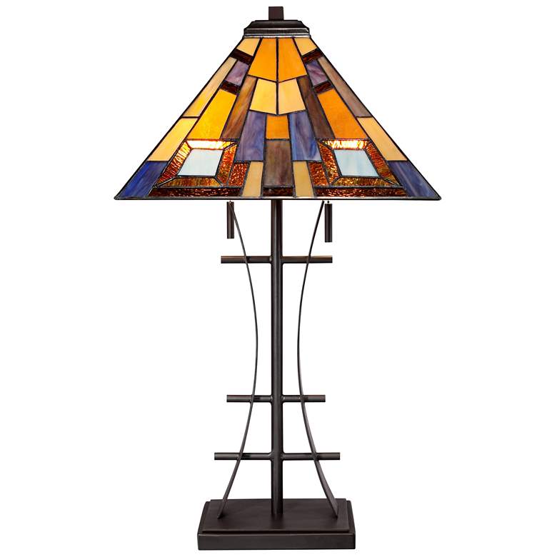 Jewel Tone Tiffany-Style Art Glass Iron Base Table Lamp more views