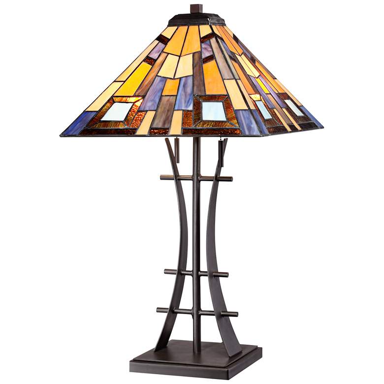 Jewel Tone Tiffany-Style Art Glass Lamp with Table Top Dimmer