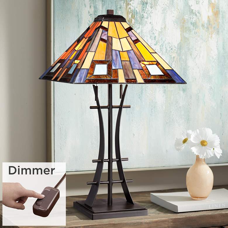 Jewel Tone Tiffany-Style Art Glass Lamp with Table Top Dimmer