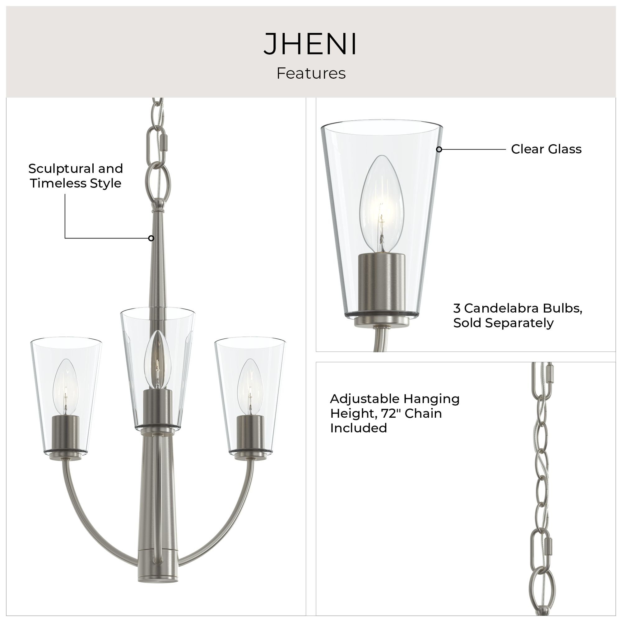 Jheni Three-Light  Chandelier with Clear Glass Shades
