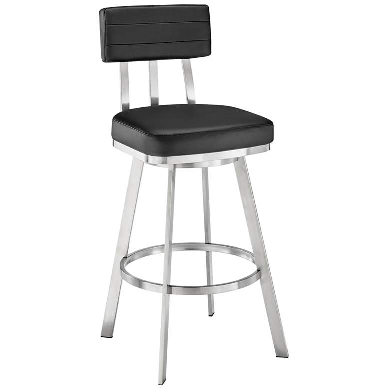 Image 1 Jinab 26 in. Swivel Barstool in Brushed Stainless Steel, Black Faux Leather