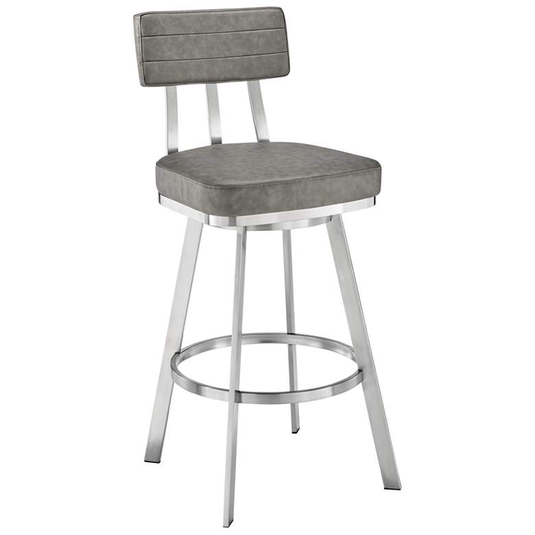 Image 1 Jinab 26 in. Swivel Barstool in Brushed Stainless Steel, Grey Faux Leather