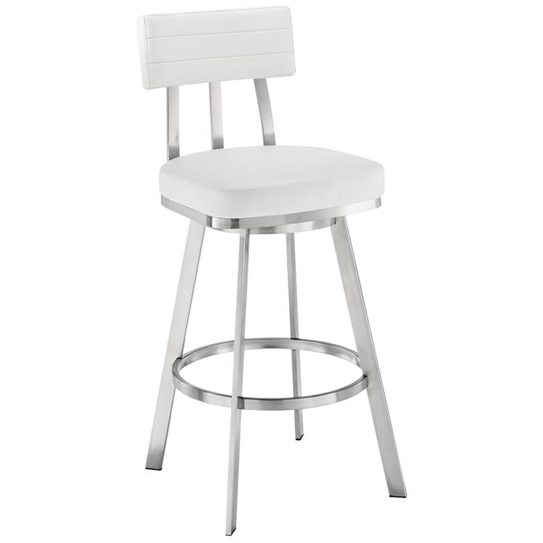 Image 1 Jinab 30 in. Swivel Barstool in Brushed Stainless Steel, White Faux Leather