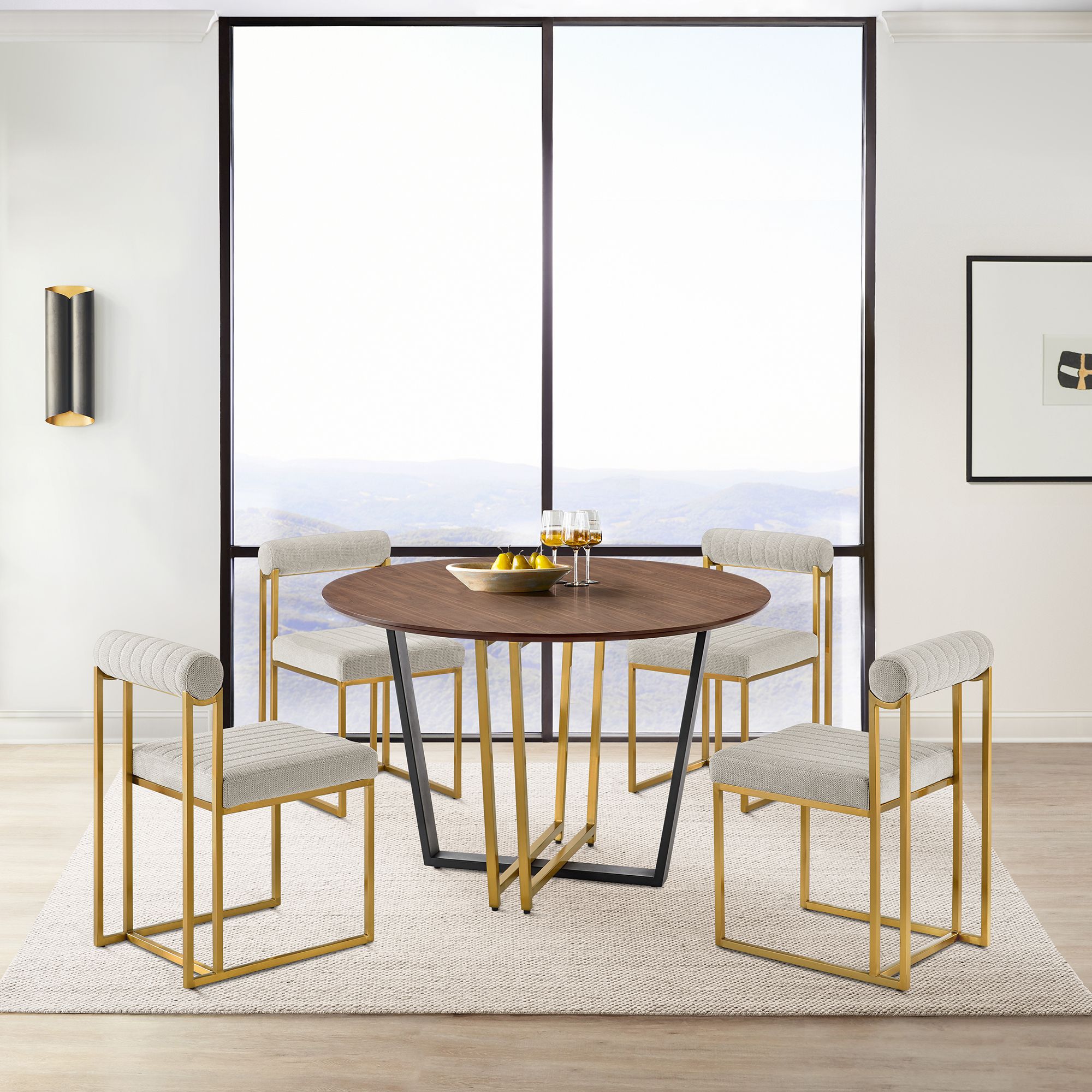 Joana 48 in. Round Dining Table in Gold Steel, Black Iron, Walnut Tabletop