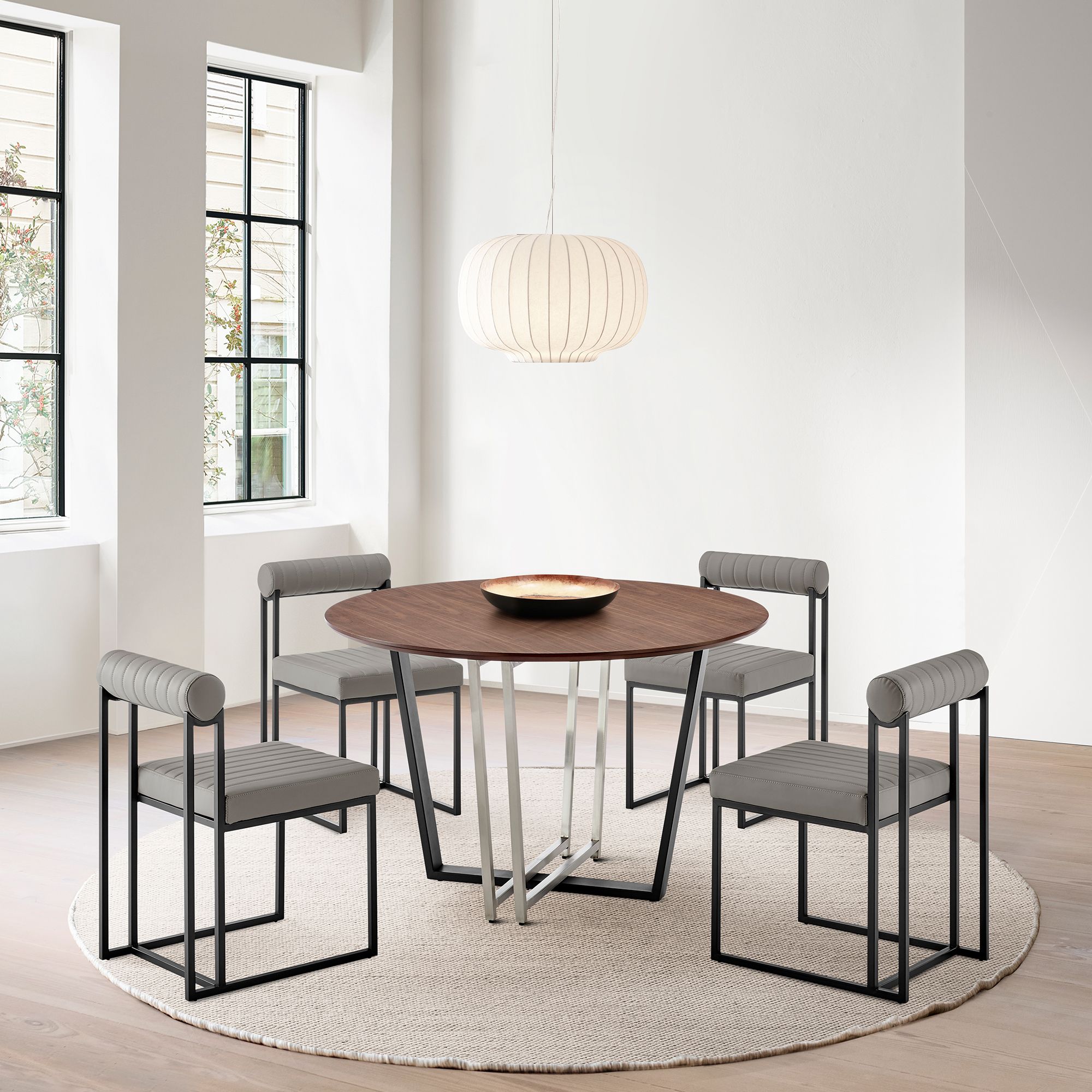 Joana 48 in. Round Dining Table in Stainless Steel, Iron, Walnut Tabletop