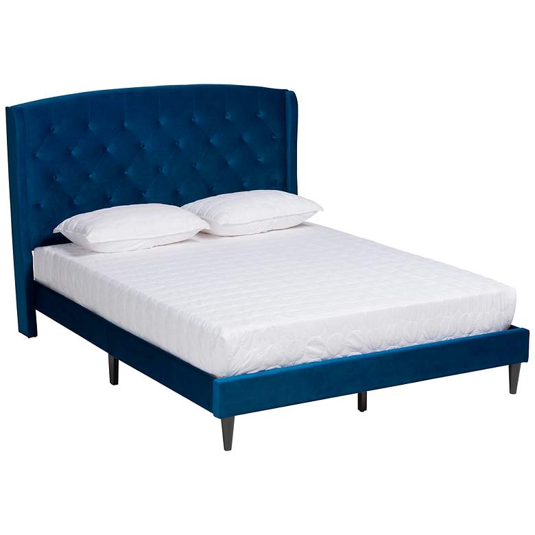 Image 2 Joanna Navy Blue Velvet Fabric Tufted Queen Platform Bed