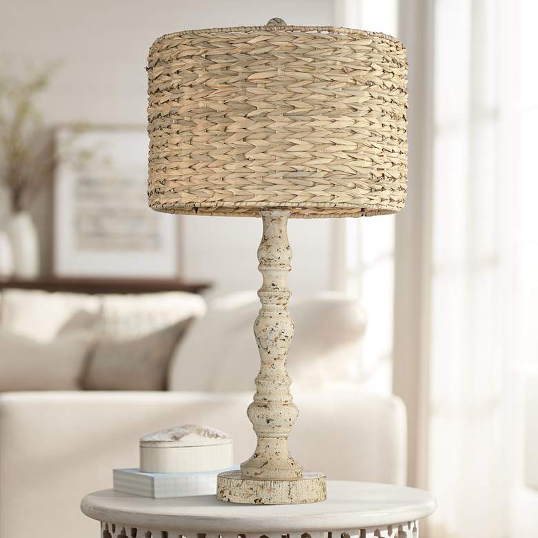 Image 1 John Timberland Antique Rattan Shade Distressed Candlestick Table Lamp