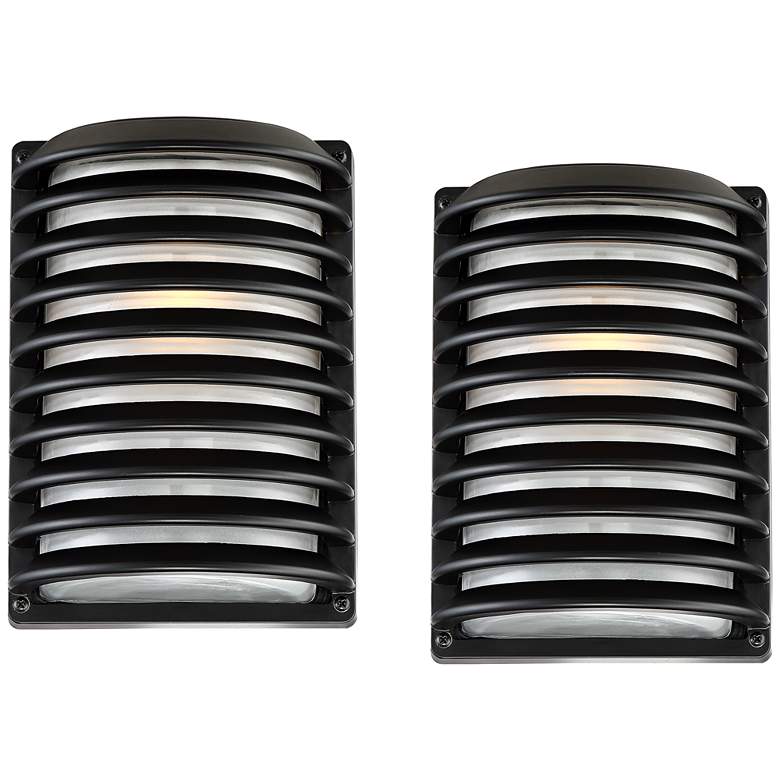 Image 2 John Timberland Black Grid 10" High Modern Outdoor Wall Light Set of 2