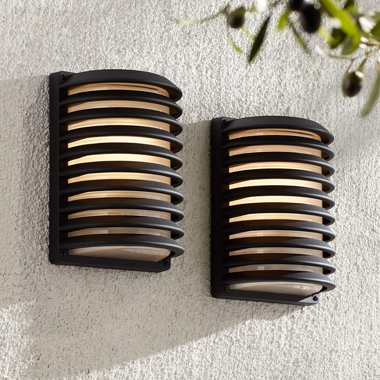 Image 1 John Timberland Black Grid 10" High Modern Outdoor Wall Light Set of 2