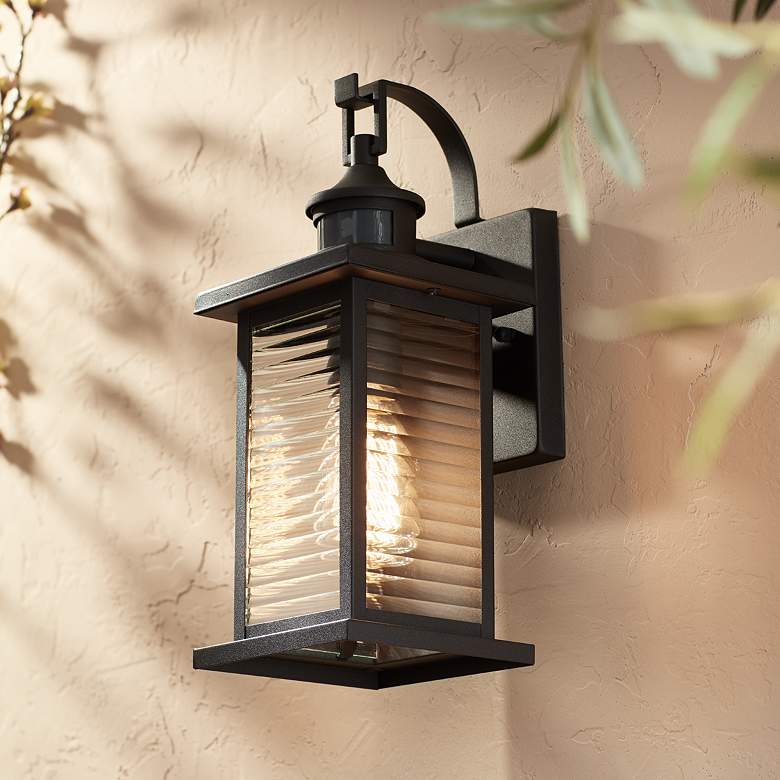 Image 1 John Timberland Cameron 13 3/4" Black Motion Sensor Outdoor Wall Light