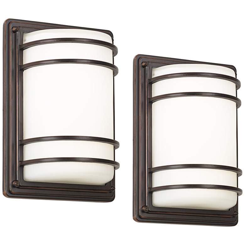 Image 2 John Timberland Habitat 11" Bronze and Opal Outdoor Lights Set of 2