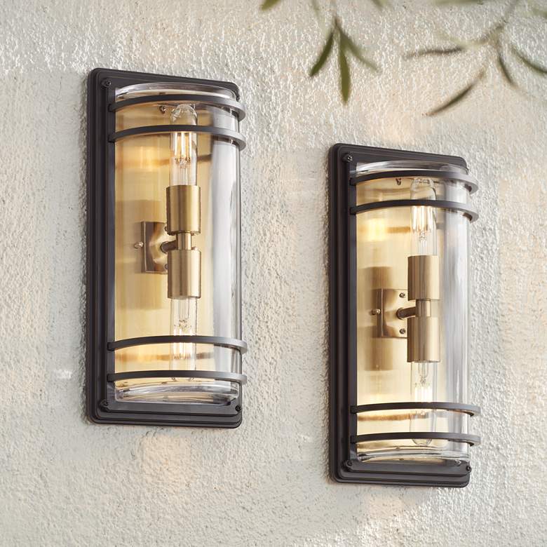 Image 1 John Timberland Habitat 16" Bronze Brass Outdoor Wall Lights Set of 2
