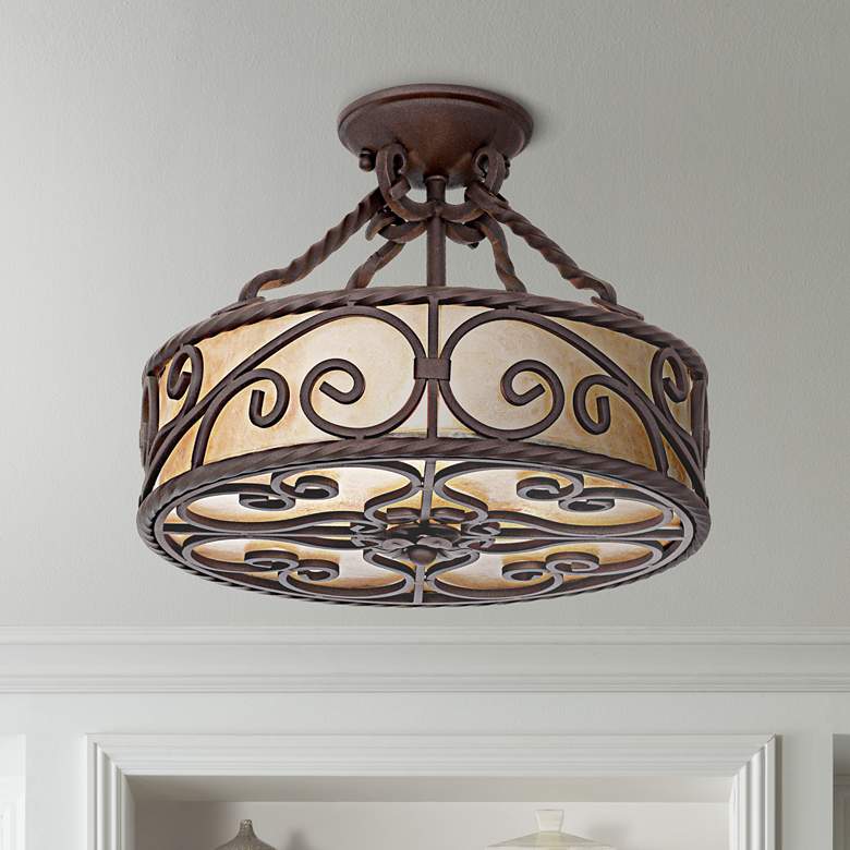 Image 1 John Timberland Iron Scroll 15" Natural Mica Ceiling Light Fixture